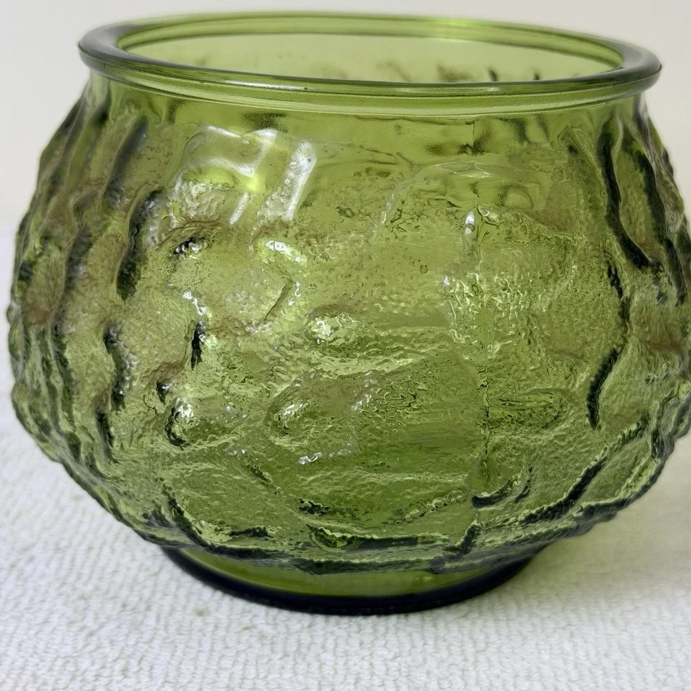 Vintage Avocado EO Brody Co Glass Crinkle Textured Vase Planter Bowl‎ MCM